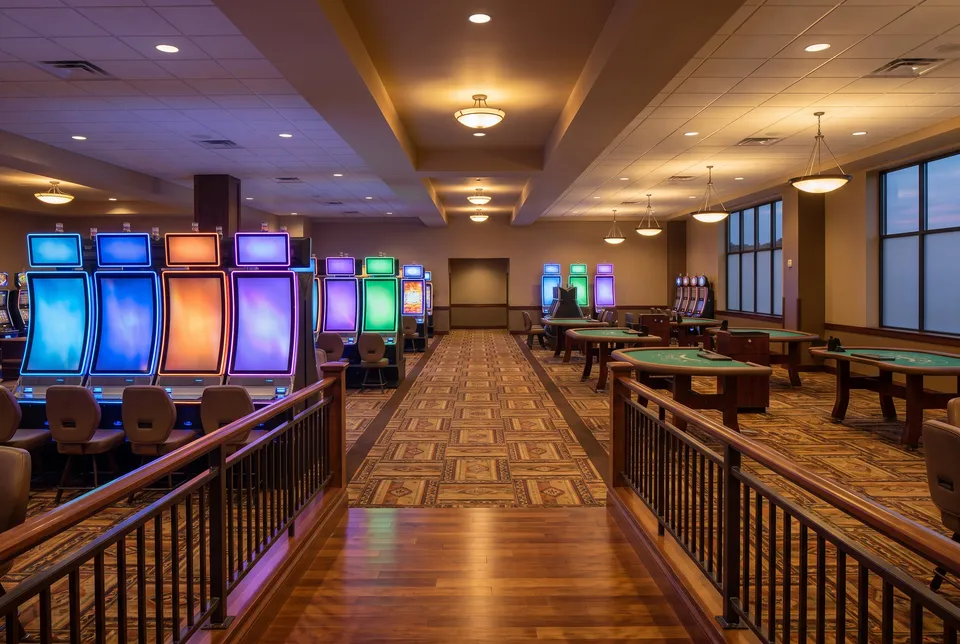 Generated scene: a calm casino floor seen from a raised walkway, rows of slot cabinets with abstract colour screens and empty green-felt tables.