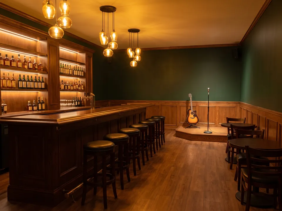 Generated scene: an empty pub before guests arrive, a long wooden bar with leather stools and a small stage with an acoustic guitar and microphone.