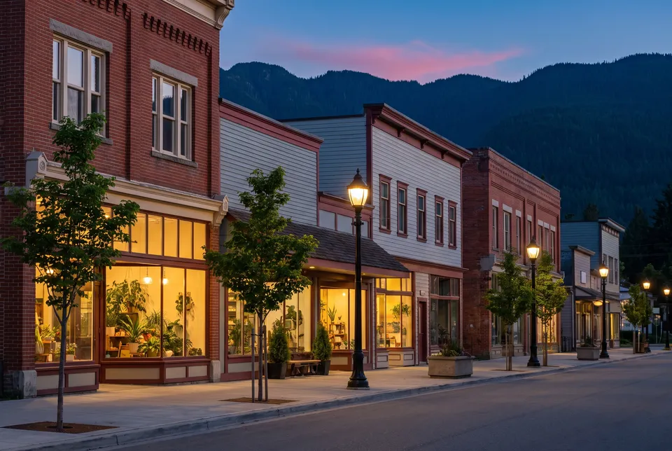 Generated scene: a small-city downtown street at blue hour, heritage brick and wooden storefronts with warm windows and dark mountains above.